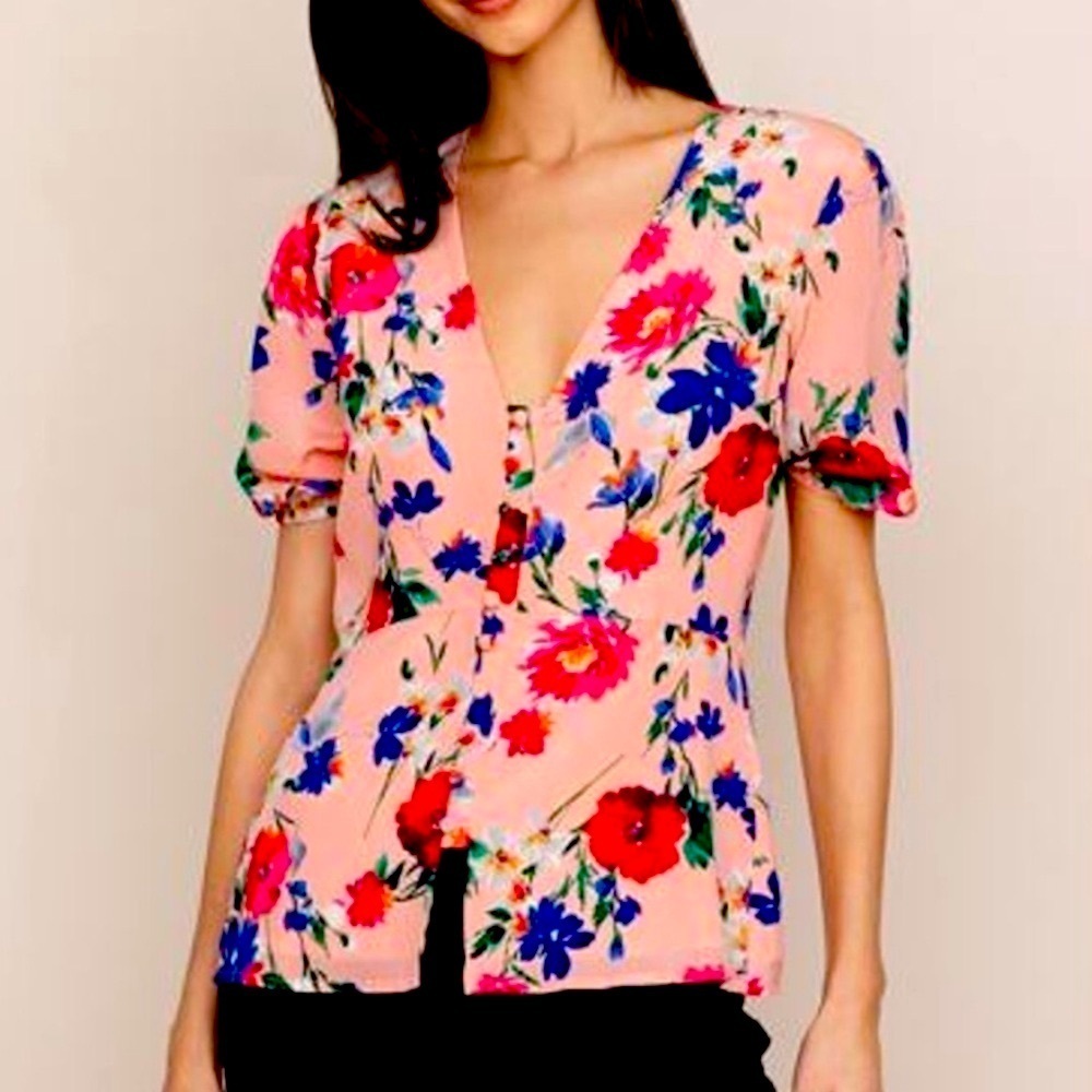 Yumi Kim Pink Floral Print Puff Sleeve Silk Blouse V-Neck Button Front Top S